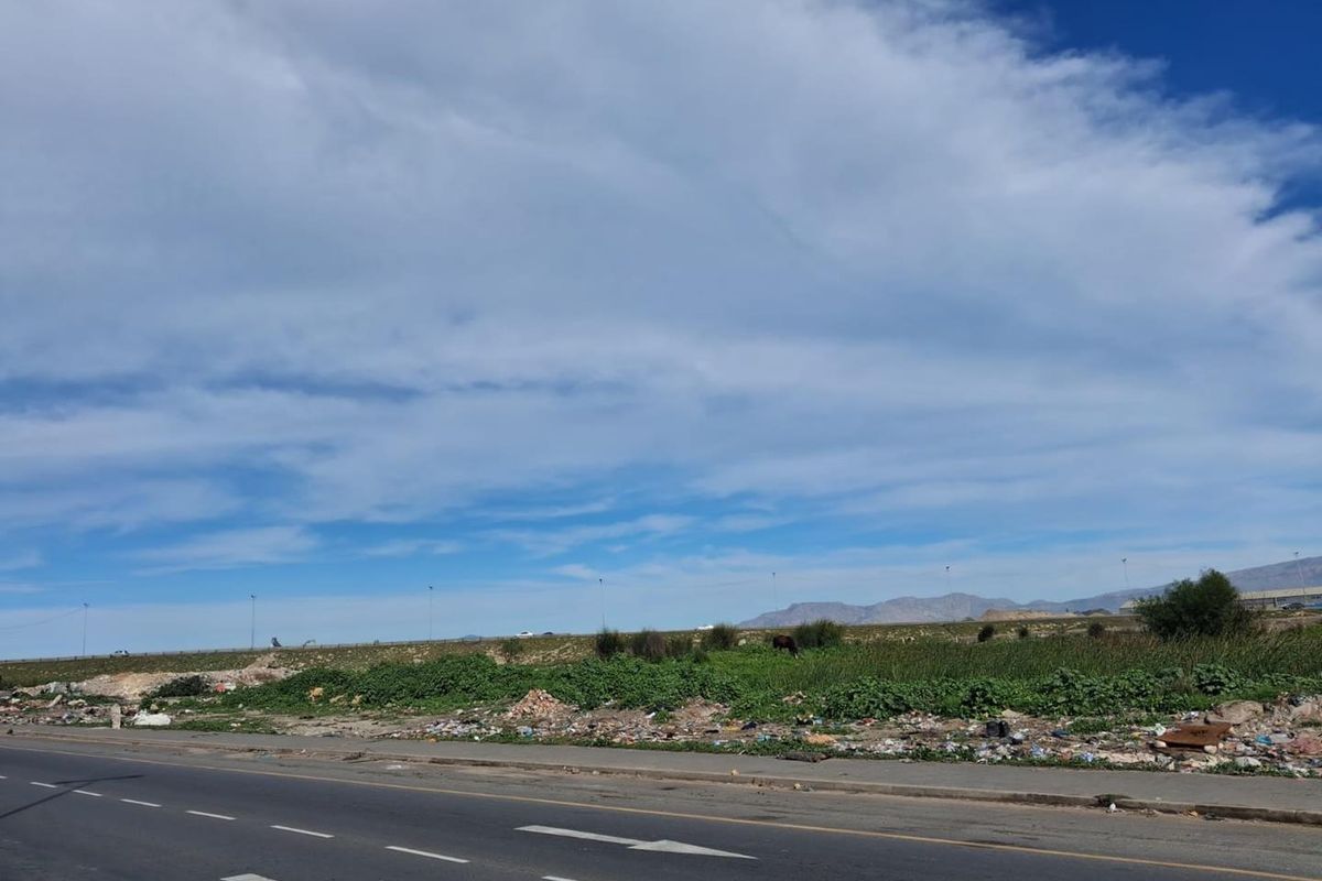 A street-level view of an undeveloped agricultural land parcel adjacent to a paved road, showing natural vegetation and surrounding landscape.