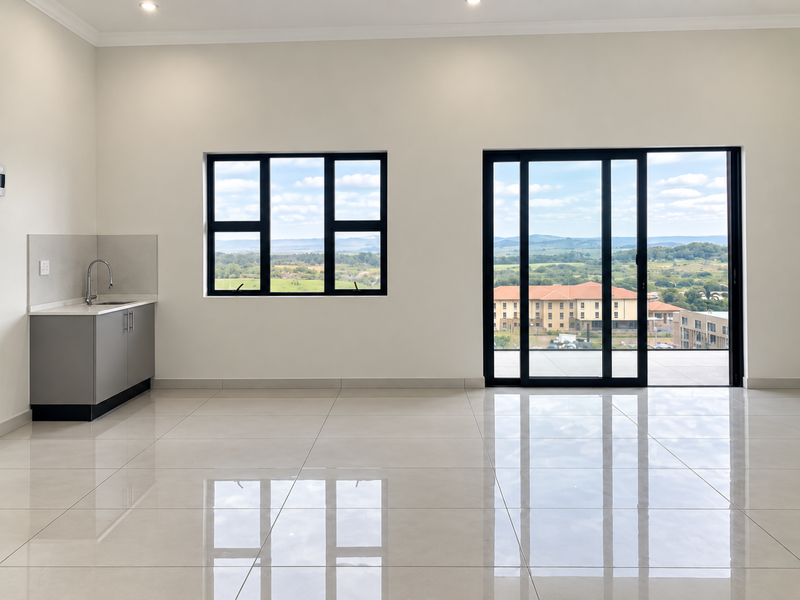 Modern open-plan space featuring a sleek kitchenette, polished porcelain flooring, and large sliding doors opening to expansive scenic views.