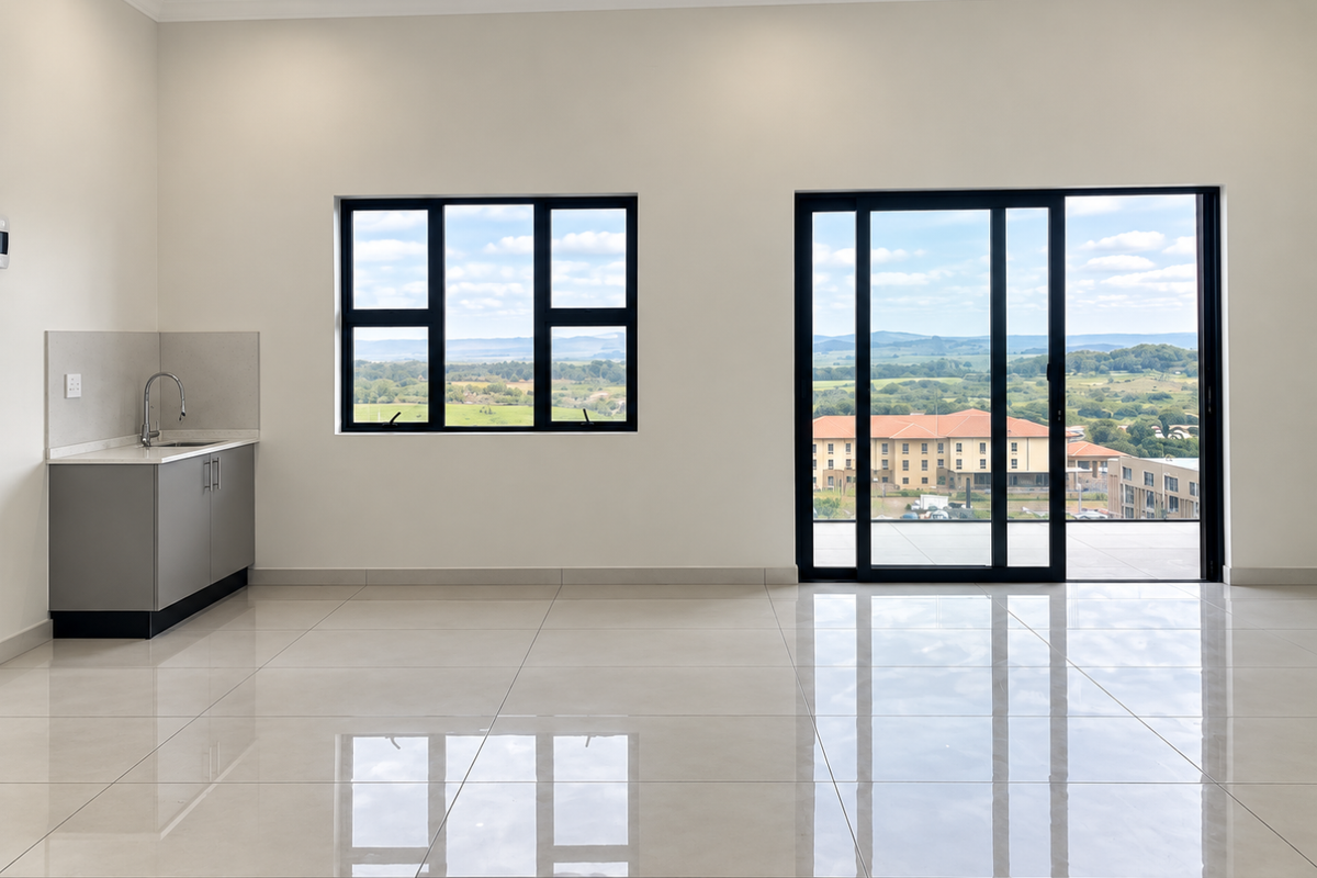 Modern open-plan space featuring a sleek kitchenette, polished porcelain flooring, and large sliding doors opening to expansive scenic views.
