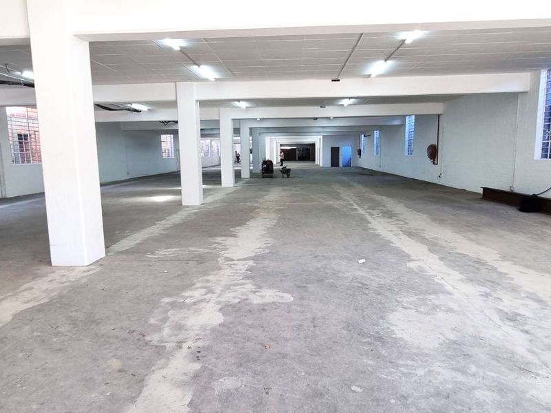 Expansive open-plan industrial warehouse space featuring concrete flooring, structural columns, and ample natural light through steel-framed windows.