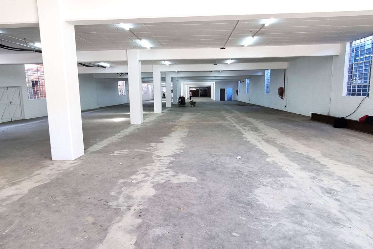 Expansive open-plan industrial warehouse space featuring concrete flooring, structural columns, and ample natural light through steel-framed windows.