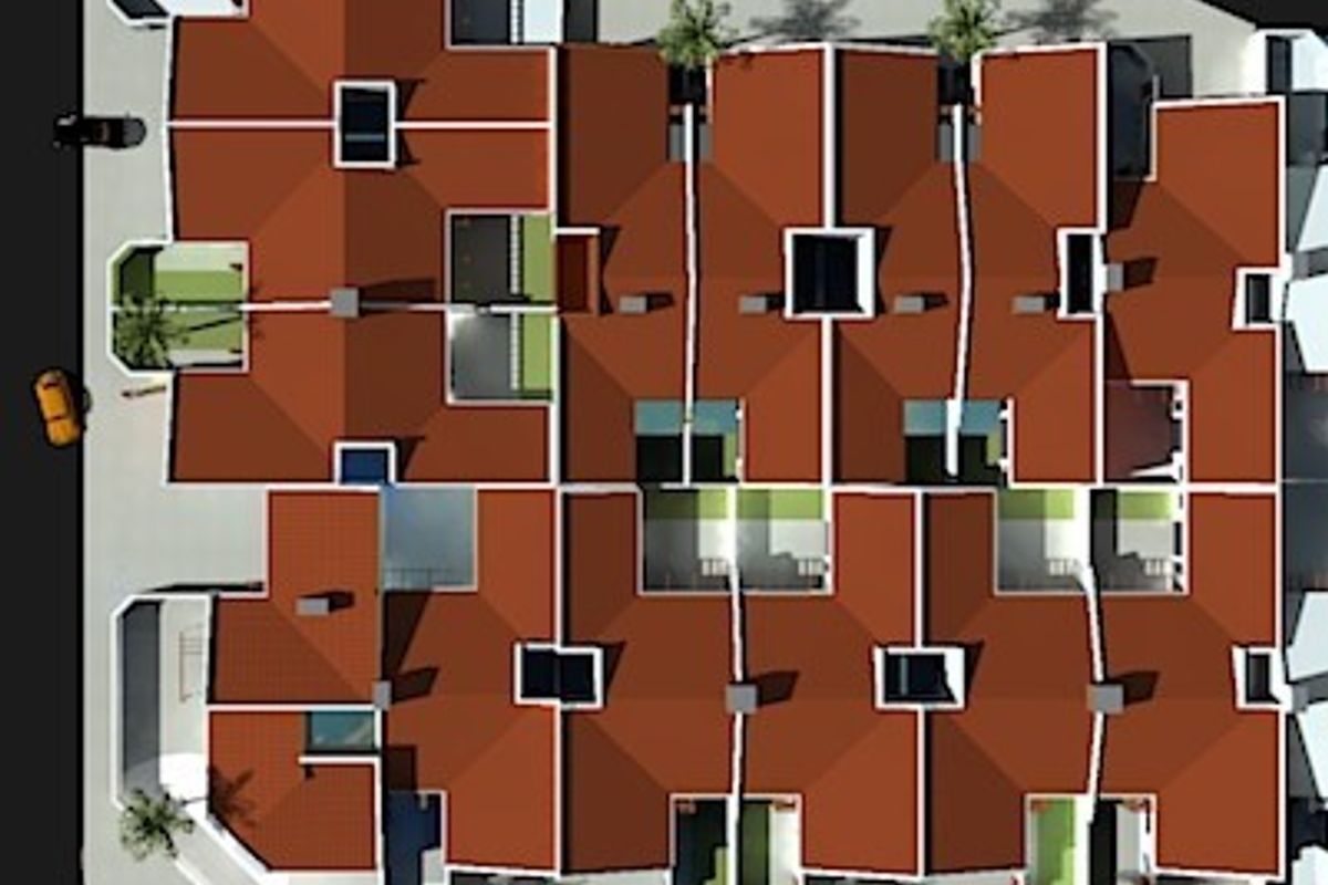 An overhead site plan showing the roof layout and positioning of multiple townhouse units within the residential complex.