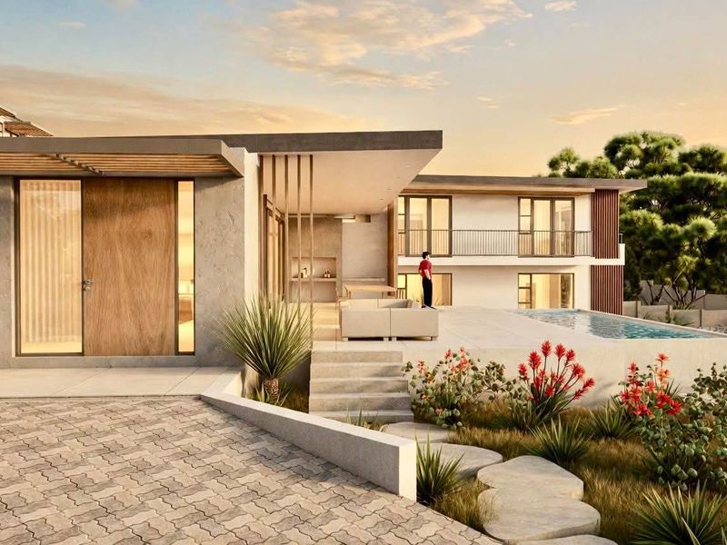Modern architectural rear exterior featuring a swimming pool, expansive paved patio, built-in outdoor kitchen, and a balcony overlooking the landscaped garden area.
