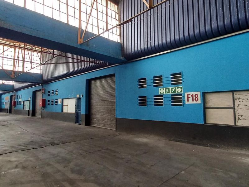Spacious industrial warehouse or garage area featuring high ceilings, steel roof trusses, large clerestory windows, and multiple roller shutter access doors.