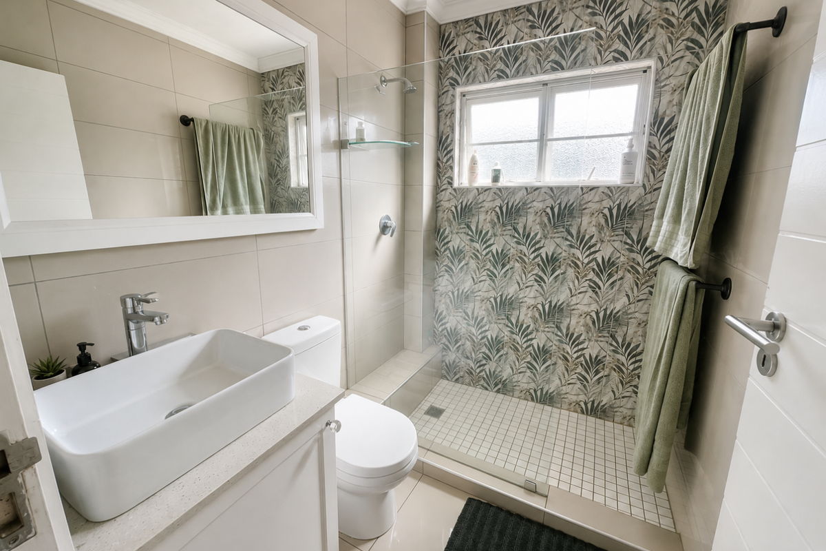 Modern bathroom featuring a vessel sink vanity, a walk-in shower with patterned tile accents, and neutral wall tiling.