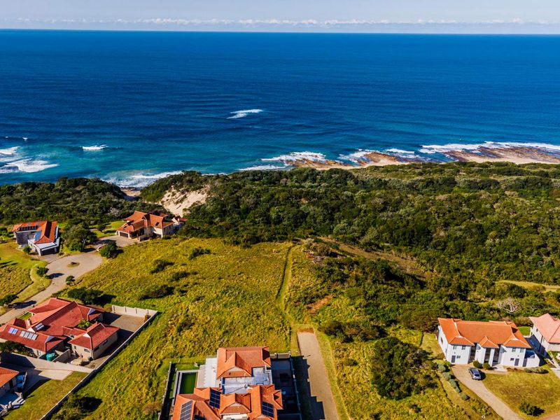 An aerial view of a coastal residential estate featuring established homes, paved roads, and direct proximity to the ocean and natural vegetation.