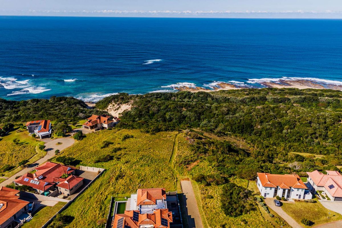 An aerial view of a coastal residential estate featuring established homes, paved roads, and direct proximity to the ocean and natural vegetation.