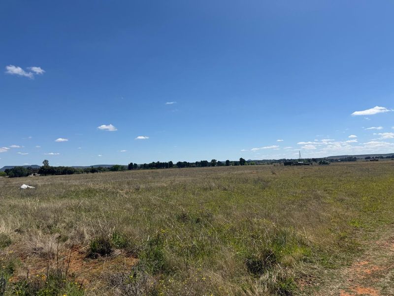 Expansive open farmland landscape featuring natural grass fields and distant horizon views under a clear blue sky.