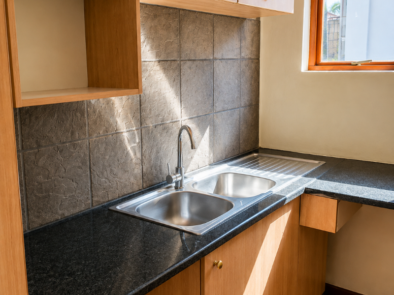 A clean and functional scullery area featuring laminate cabinetry, granite countertops, a stainless steel double sink, and a tiled splashback.