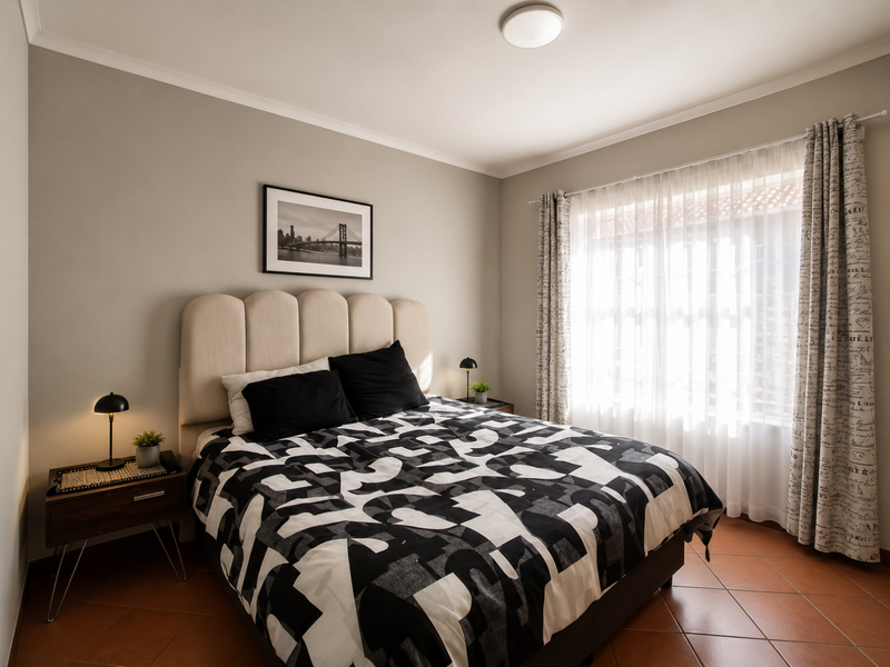 A well-maintained bedroom featuring terracotta floor tiles, neutral wall tones, and a window dressed with curtains, providing a comfortable and functional living space.