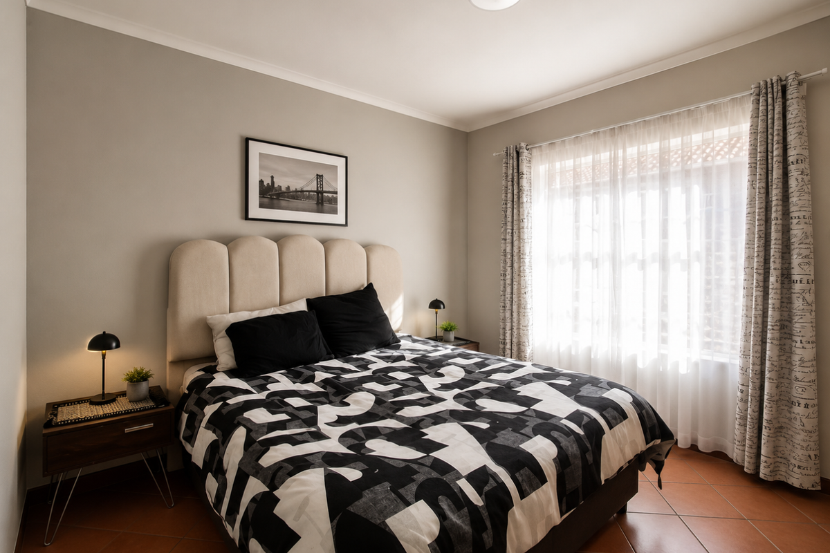 A well-maintained bedroom featuring terracotta floor tiles, neutral wall tones, and a window dressed with curtains, providing a comfortable and functional living space.