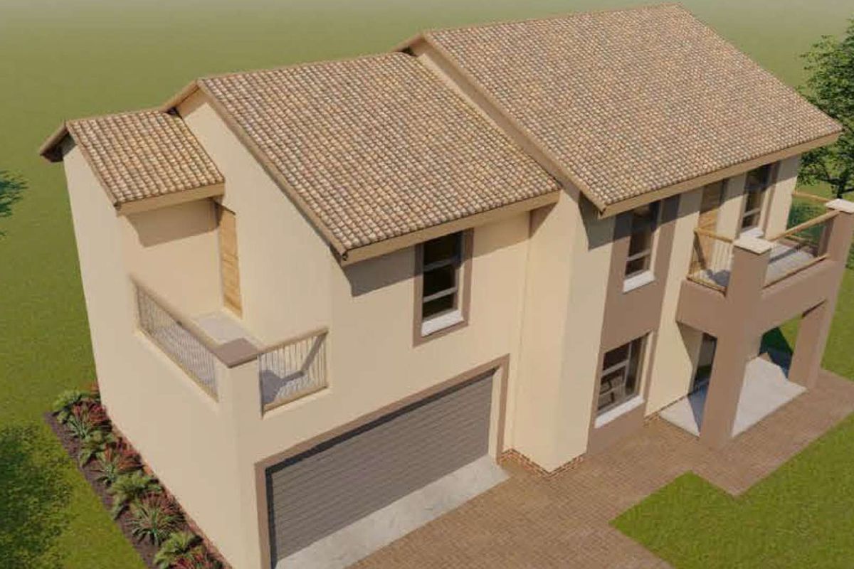 An aerial view of a two-story residential house featuring a tiled roof, a garage, and balconies.