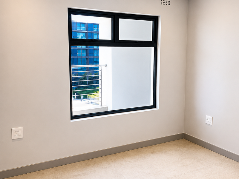 A bright, empty bedroom featuring neutral tiled flooring, recessed downlighting, and a modern black-framed window with a view of the surrounding apartment complex.
