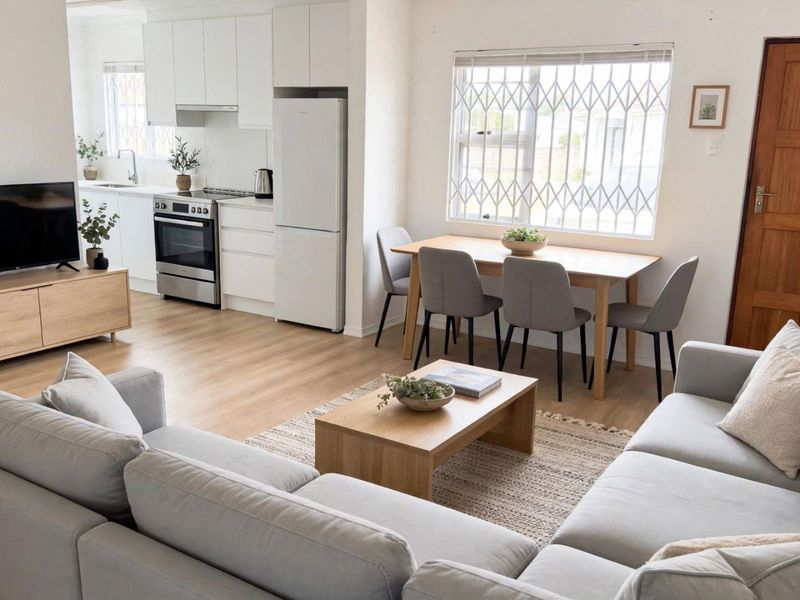 Bright open-plan living and dining area featuring modern white kitchen cabinetry, stainless steel appliances, and light laminate flooring throughout.