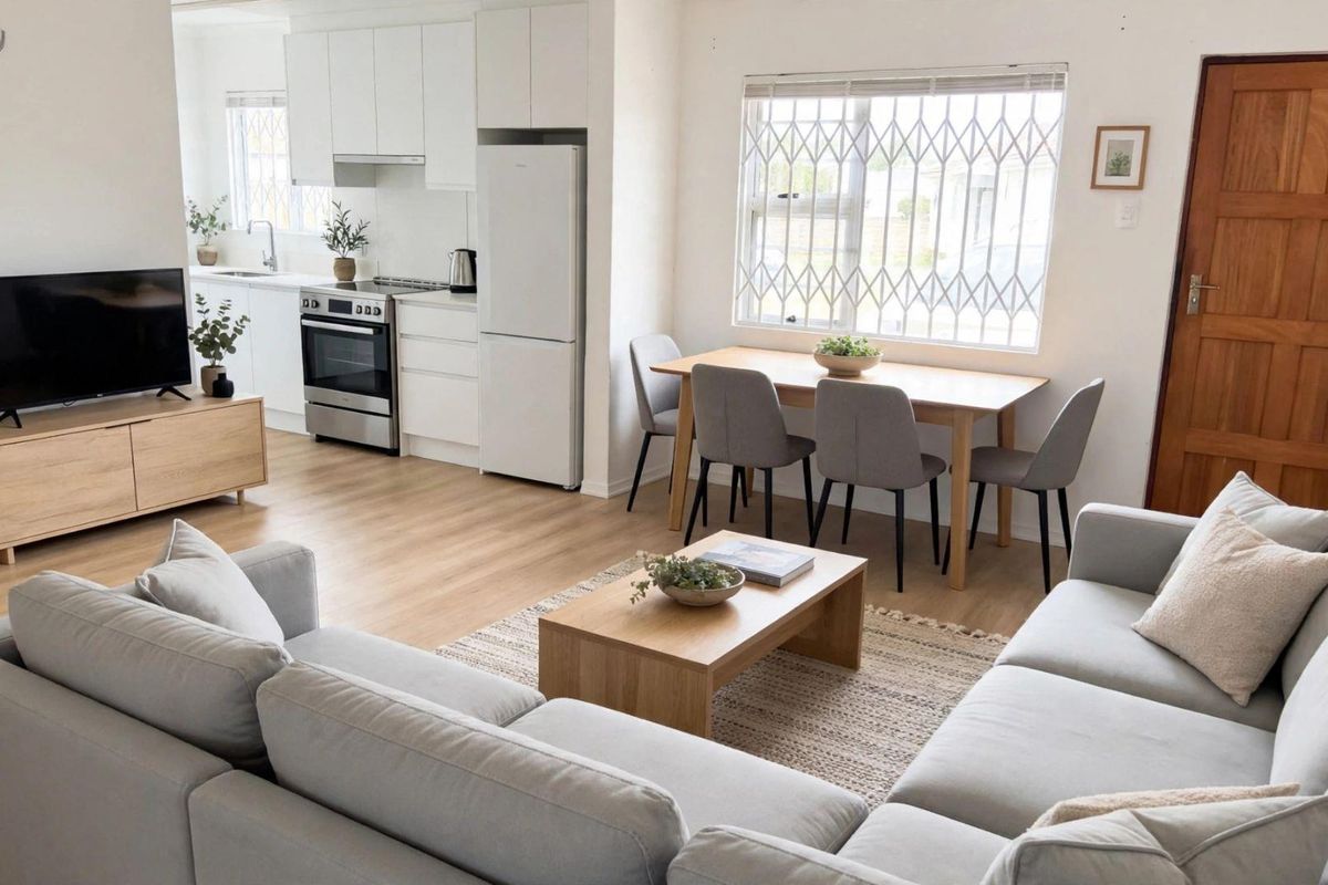 Bright open-plan living and dining area featuring modern white kitchen cabinetry, stainless steel appliances, and light laminate flooring throughout.