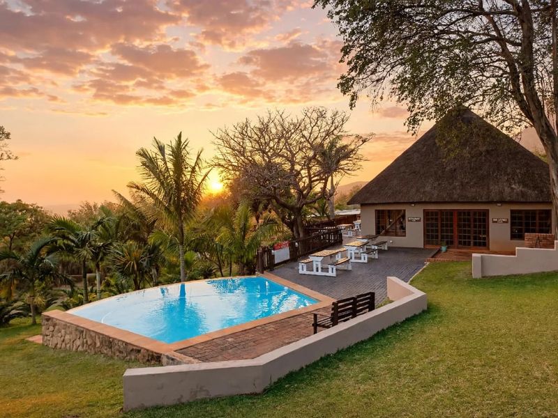 A scenic outdoor pool area featuring a paved patio, thatched roof building, and landscaped garden, perfect for relaxation and outdoor entertainment.
