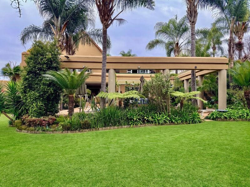A well-maintained rear garden featuring a spacious covered patio with concrete columns, surrounded by lush landscaping and mature palm trees.