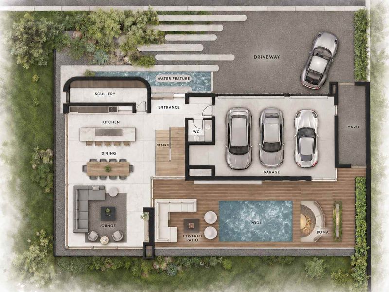A detailed architectural floor plan showing the layout of the ground floor, including living areas, garage, pool, and outdoor entertainment spaces.