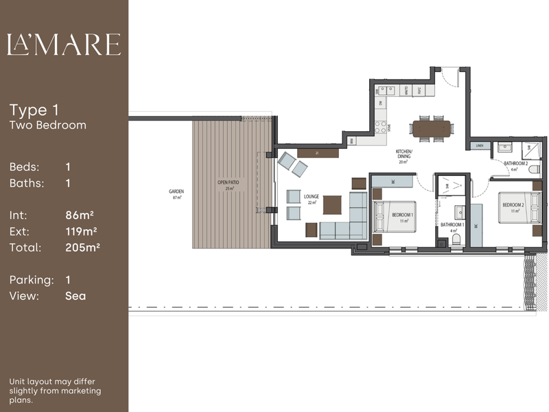 Architectural floor plan for a two-bedroom apartment unit featuring an open-plan living area, kitchen, two bathrooms, and an outdoor patio with garden space.