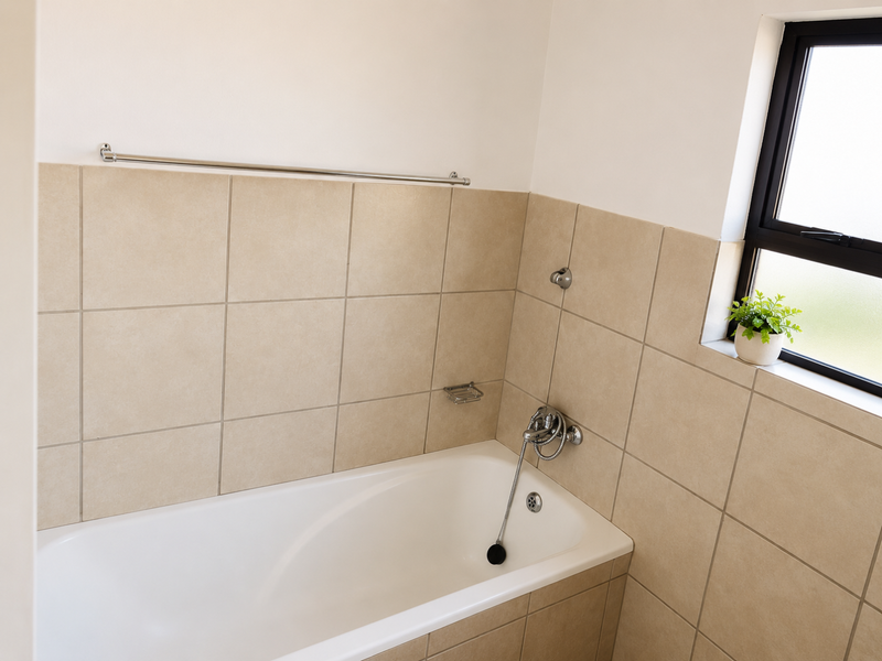 A clean, functional bathroom featuring a white bathtub with chrome fixtures and neutral wall tiling, complemented by a window for natural light.