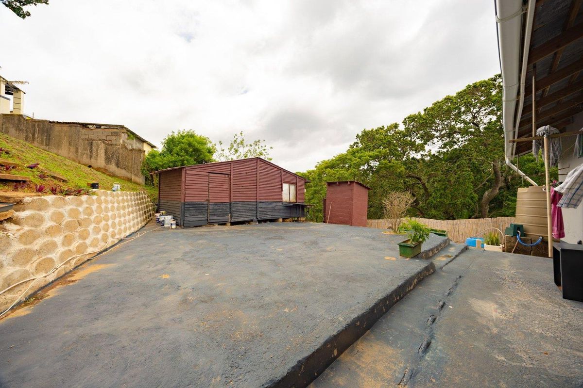 Rear outdoor area featuring a concrete patio, retaining wall, and timber storage sheds, offering potential for landscaping or outdoor living space development.