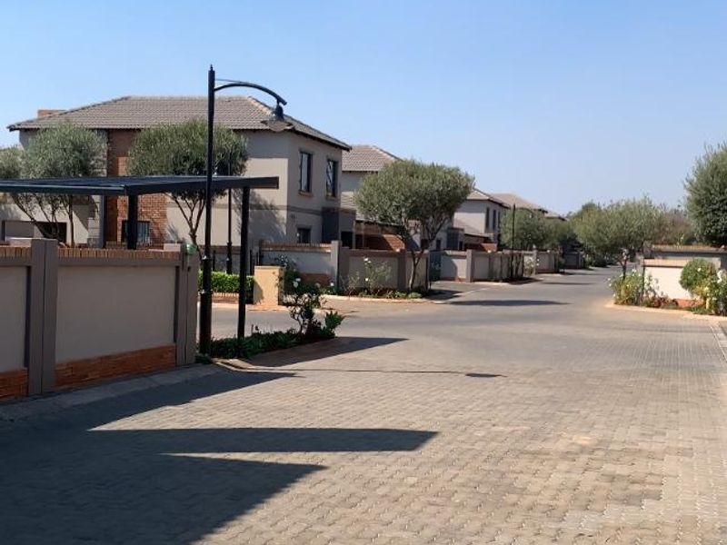 A view of the paved residential street within the townhouse complex, featuring neat boundary walls, street lighting, and established landscaping.