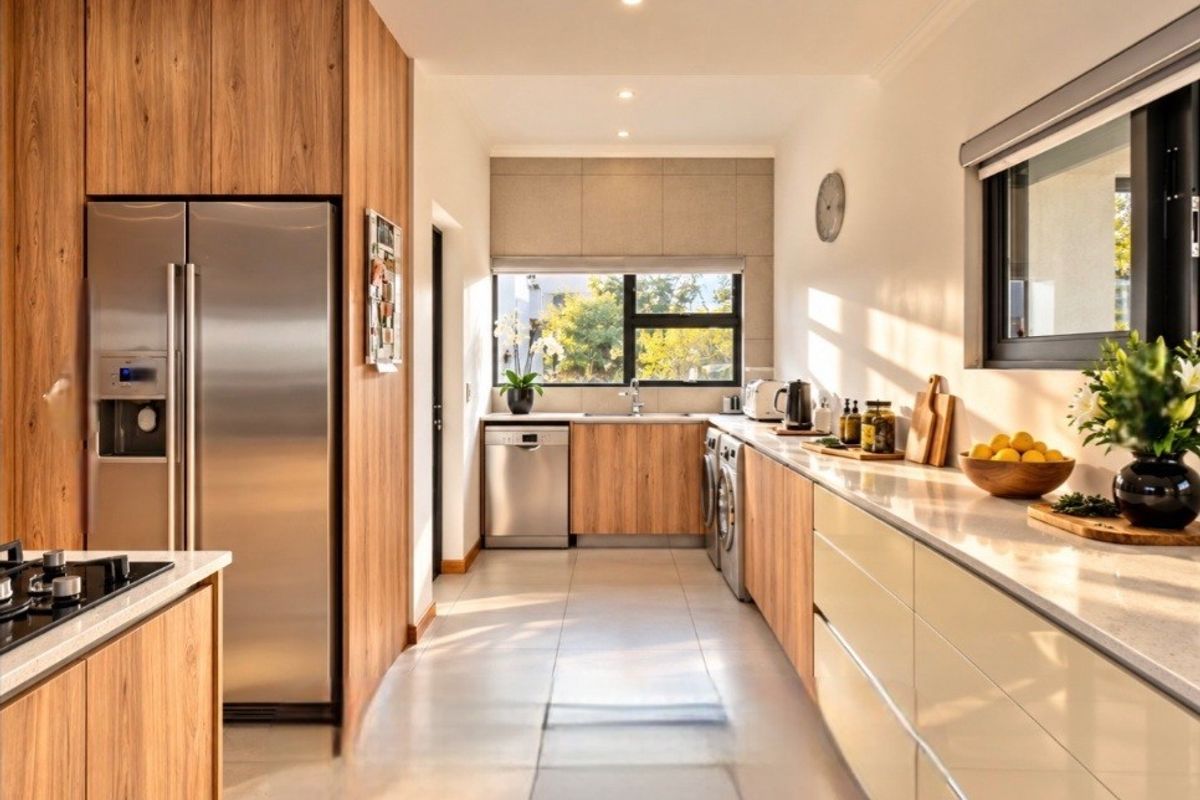 Modern kitchen featuring sleek wood-grain cabinetry, stone countertops, integrated appliances, and high-quality finishes with ample natural light.