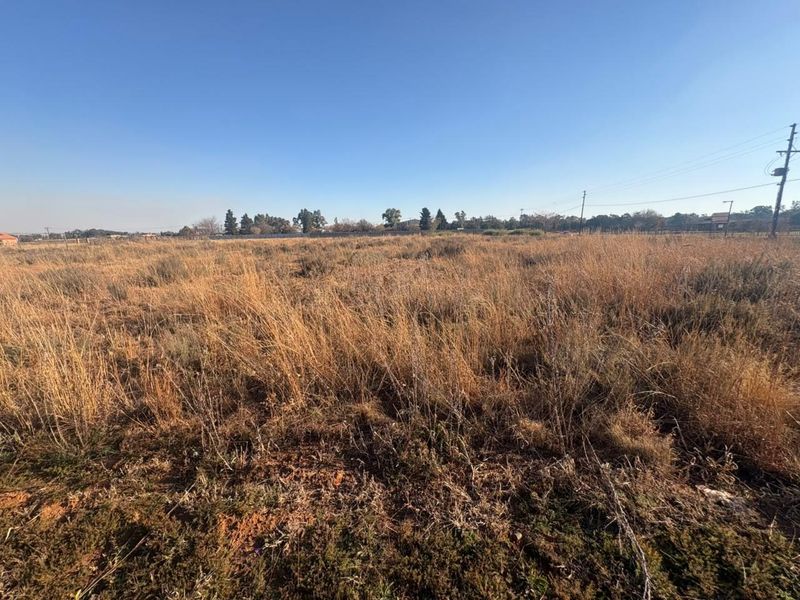A wide-angle view of a vacant residential plot featuring natural dry grass and overhead power lines against a clear blue sky.