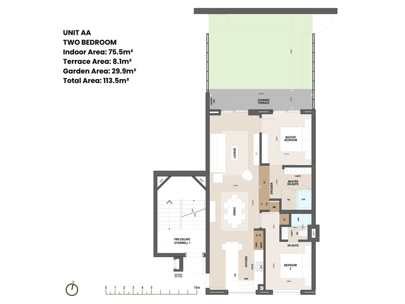 A detailed floor plan for a two-bedroom apartment featuring an open-plan living area, two en-suite bathrooms, a covered terrace, and a private garden.