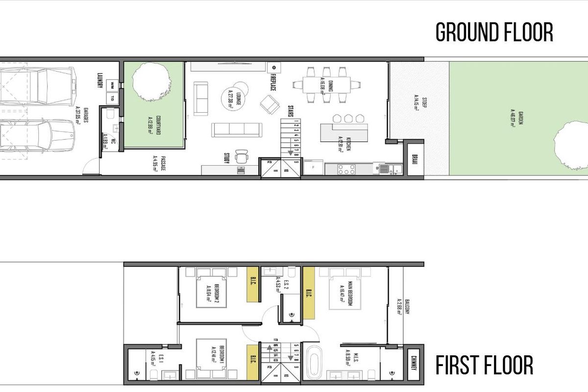 Architectural floor plan showing the layout of the ground and first floors of the townhouse property.
