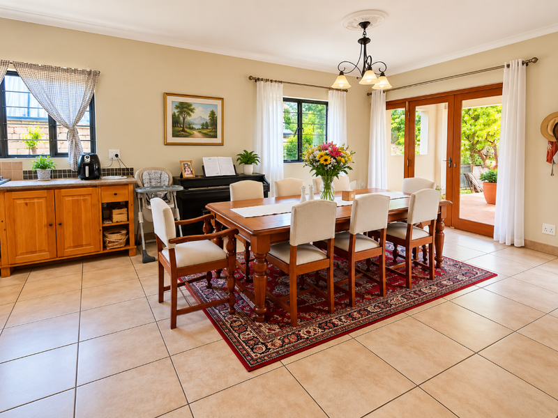 A bright dining room featuring tiled floors, wooden cabinetry, and double french doors opening to an outdoor patio area.