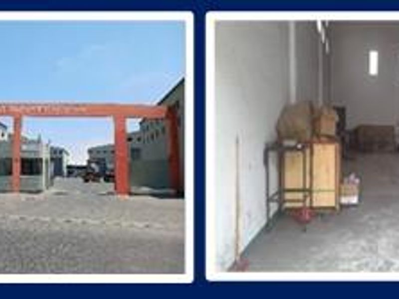 A composite view of an industrial warehouse facility featuring a gated entrance, open warehouse floor space, and an internal mezzanine level.
