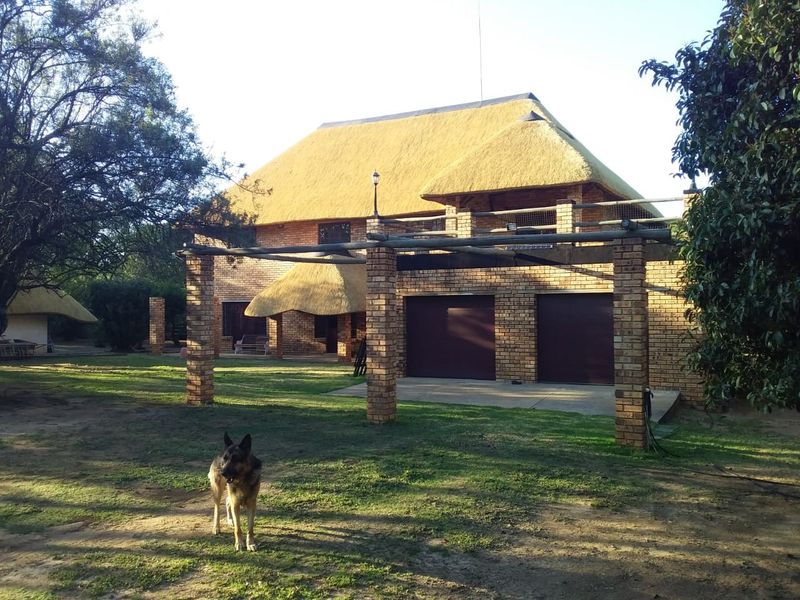 A double-story face brick farmhouse featuring a traditional thatched roof, a covered pergola, and an integrated double garage set within a spacious garden.