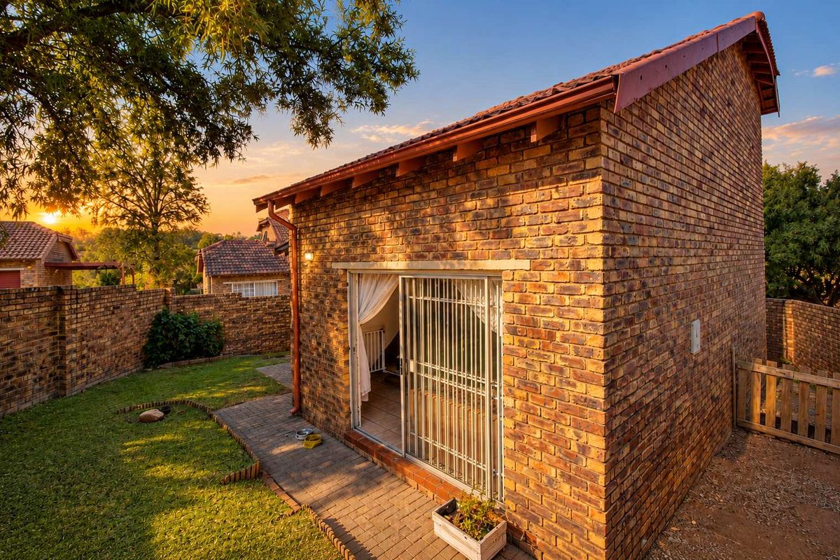 Rear view of a face brick townhouse featuring a paved walkway, secure sliding door access, and a private garden area at sunset.