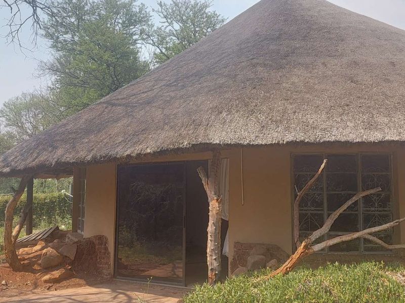 Exterior view of a rustic cottage featuring a traditional thatched roof, sliding glass doors, and natural wood support posts set in a rural landscape.