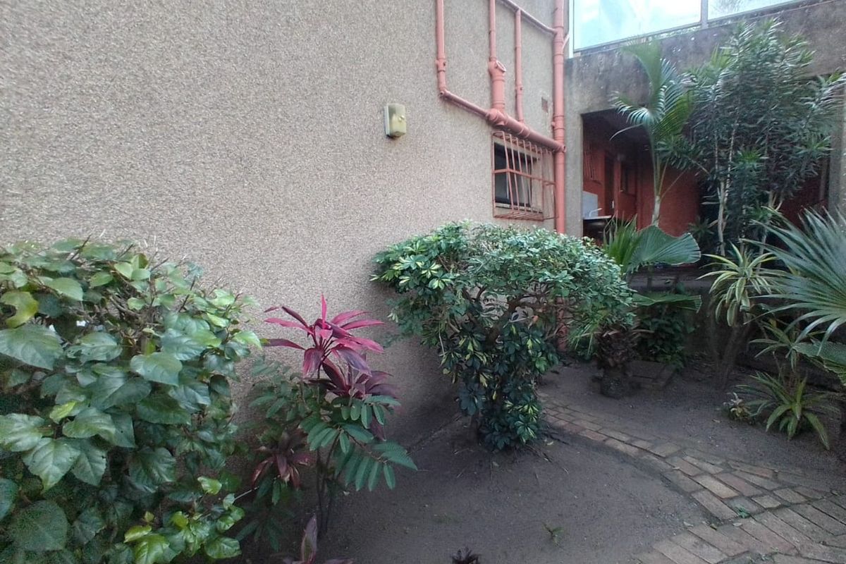 A rear exterior view of the townhouse featuring a small garden area, paved pathway, and exposed exterior plumbing along the building facade.