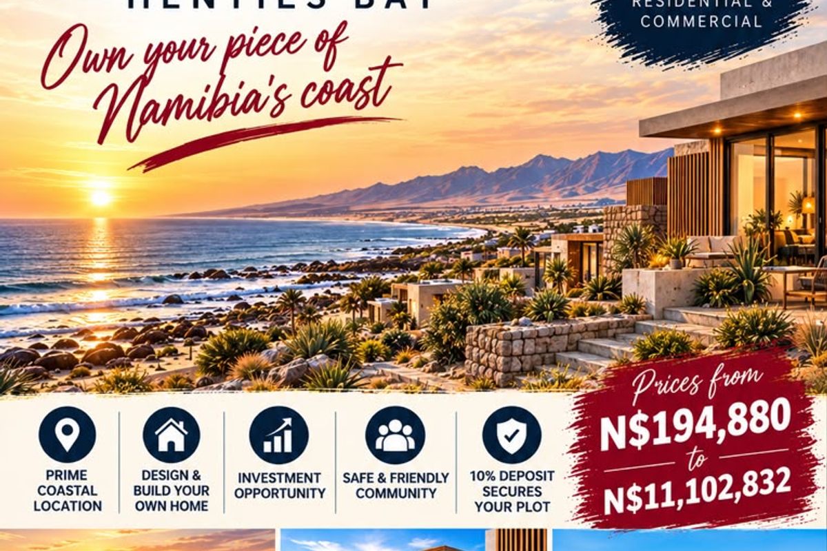 Promotional marketing flyer for a residential and commercial land development project in Henties Bay, Namibia, featuring coastal views and property investment details.