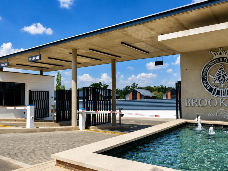 Modern security entrance gatehouse featuring boom gates, a concrete canopy, and a decorative water feature at the Brookfield at Royal estate.