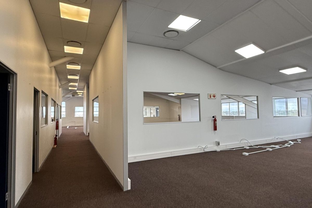 An open-plan office space featuring carpeted flooring, recessed LED lighting, and internal glass partitions, providing a bright and functional workspace environment.