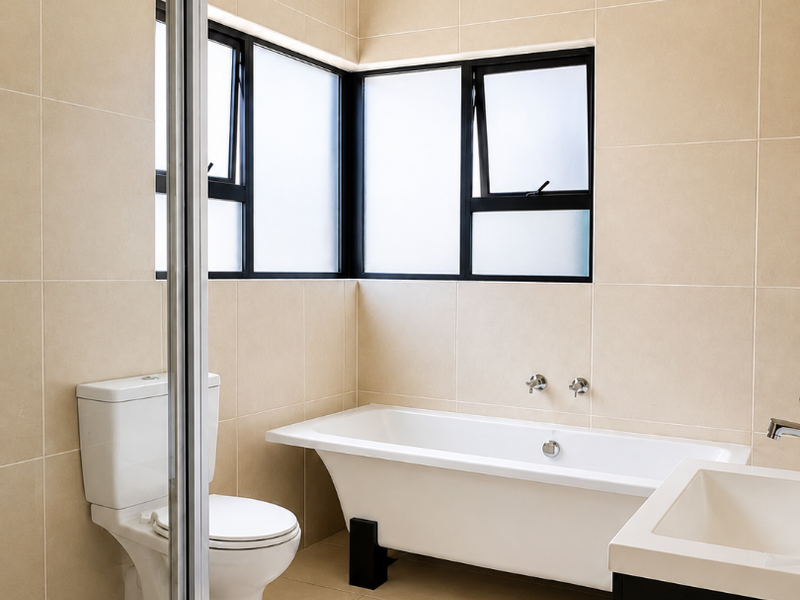 A modern, well-maintained bathroom featuring a freestanding bathtub, a separate shower enclosure, and a corner window providing natural light.