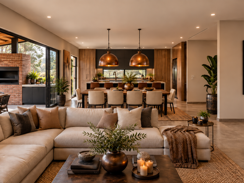 Spacious open-plan living and dining area featuring modern kitchen cabinetry, a large island, recessed lighting, and seamless flow to an outdoor patio with fireplace.