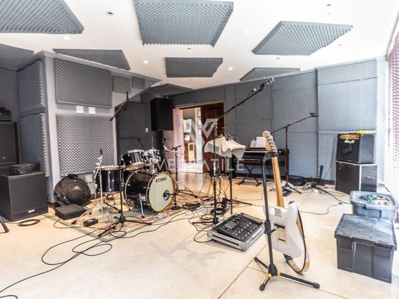 Dedicated music studio or media room featuring extensive acoustic wall and ceiling treatment for sound insulation.