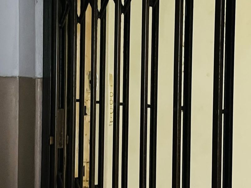 A close-up view of a metal security gate installed at the apartment entrance.