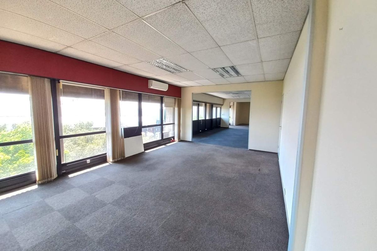Spacious open-plan office area featuring large windows, carpeted flooring, suspended ceiling tiles, and a wall-mounted air conditioning unit.