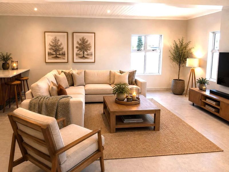A bright and modern open-plan living area featuring tiled floors, recessed lighting, and a tongue and groove ceiling, seamlessly connected to a kitchen island.