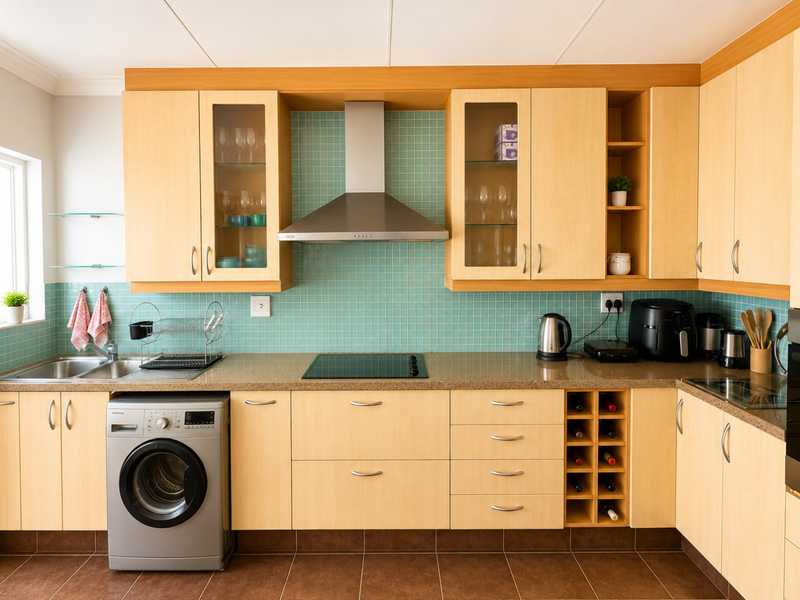 A functional kitchen featuring light wood cabinetry, a mosaic tile backsplash, stone countertops, and integrated appliances including a stainless steel extractor fan.