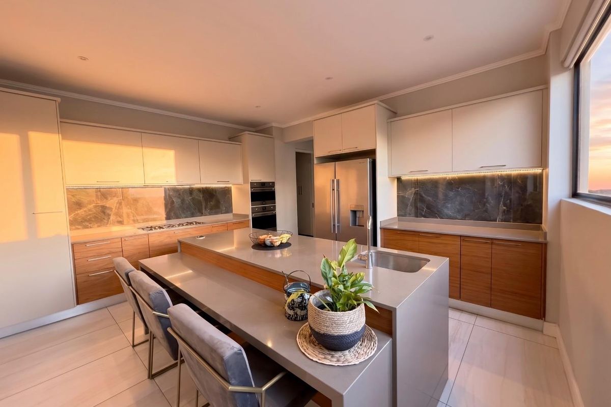 Modern kitchen featuring a large central island with breakfast bar, stone countertops, integrated appliances, and sleek cabinetry with under-cabinet lighting.