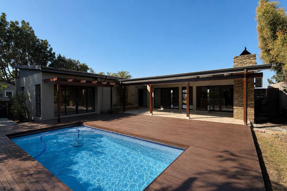 Spacious outdoor entertainment area featuring a swimming pool, extensive timber decking, and a covered patio with stone-clad chimney detail.