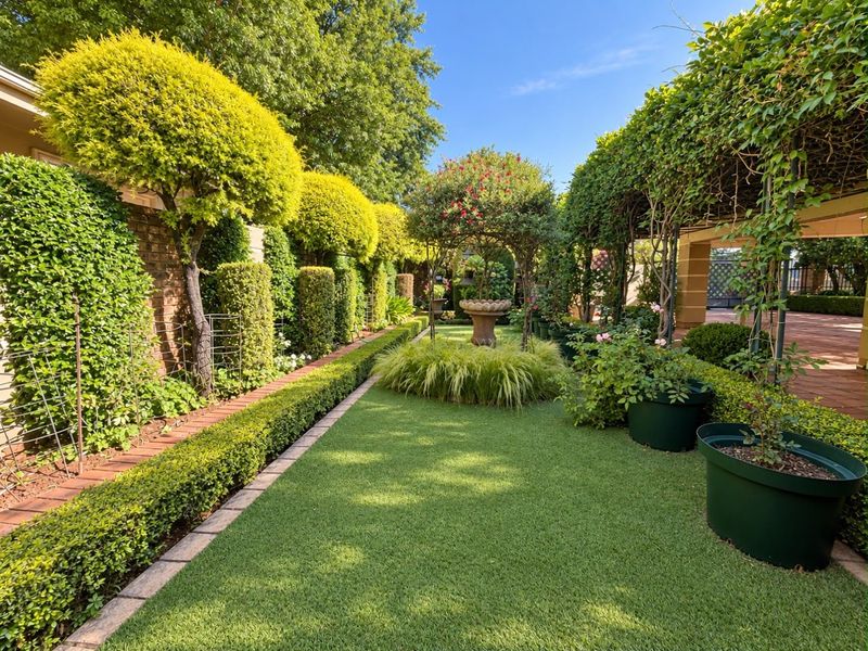 A beautifully landscaped garden featuring manicured hedges, a central stone fountain, and a covered pergola area with brick paving.