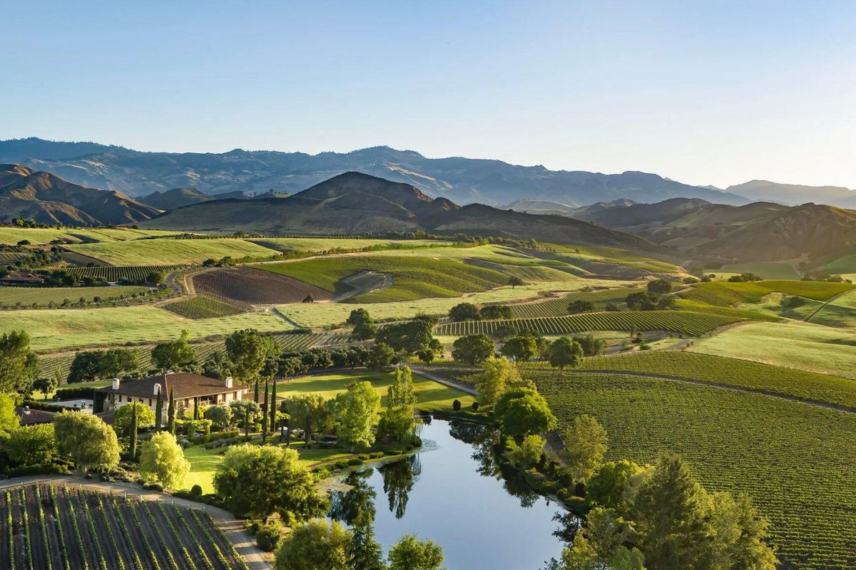 An expansive aerial view of a small holding featuring lush vineyards, a serene lake, and manicured grounds set against a scenic mountain backdrop.